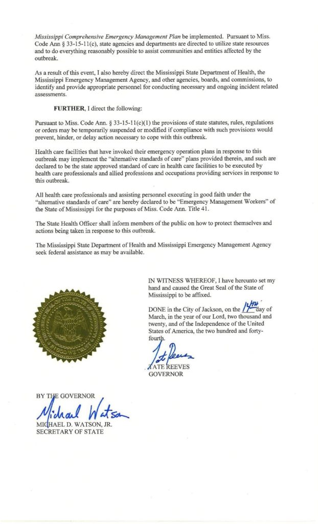 Governor Reeves Declares State of Emergency due to COVID-19 – MEMA